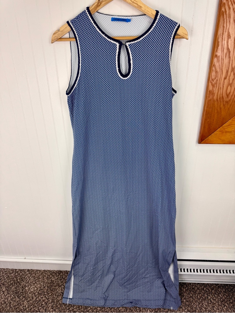 J.McLaughlin Blue & White Geometric Maxi Dress Keyhole Round Neck M